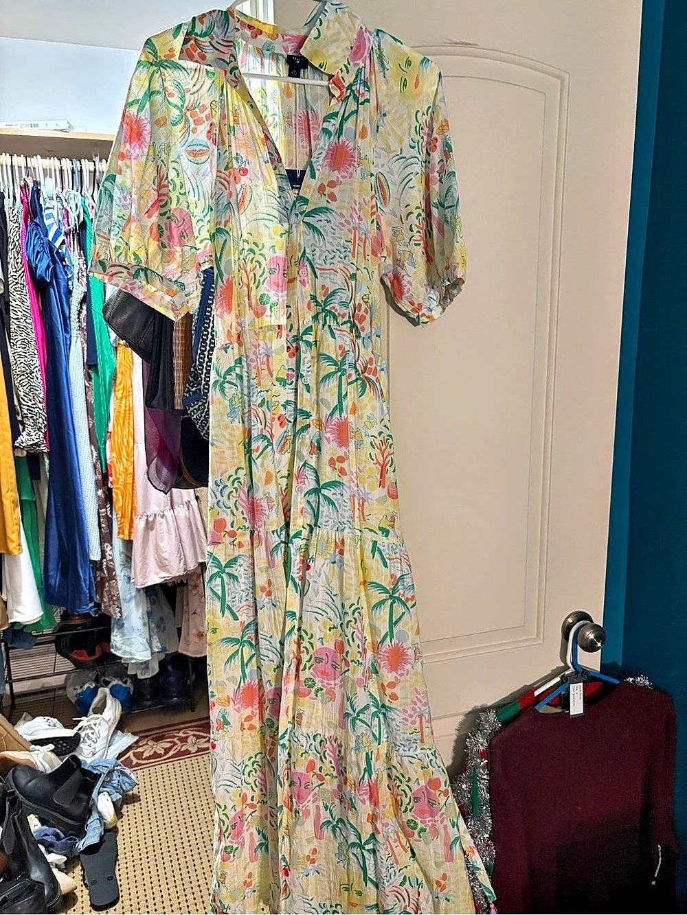 Roller Rabbit Vacation Short Sleeve Maxi Dress Green & Pink Medium